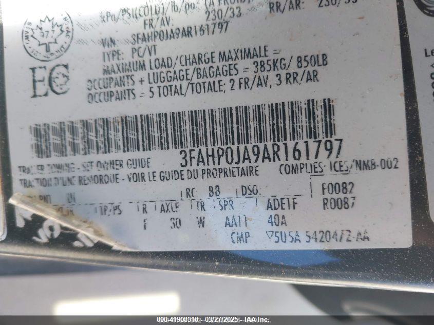 2010 FORD FUSION VIN: 3FAHP0JA9AR161797