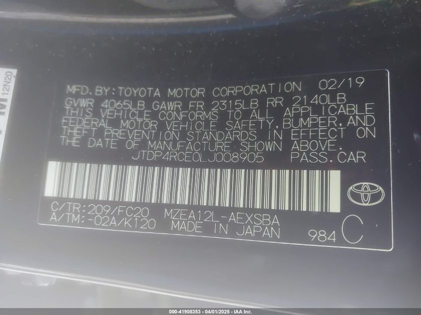 2020 Toyota Corolla Se VIN: JTDP4RCE0LJ008905 Lot: 41908353