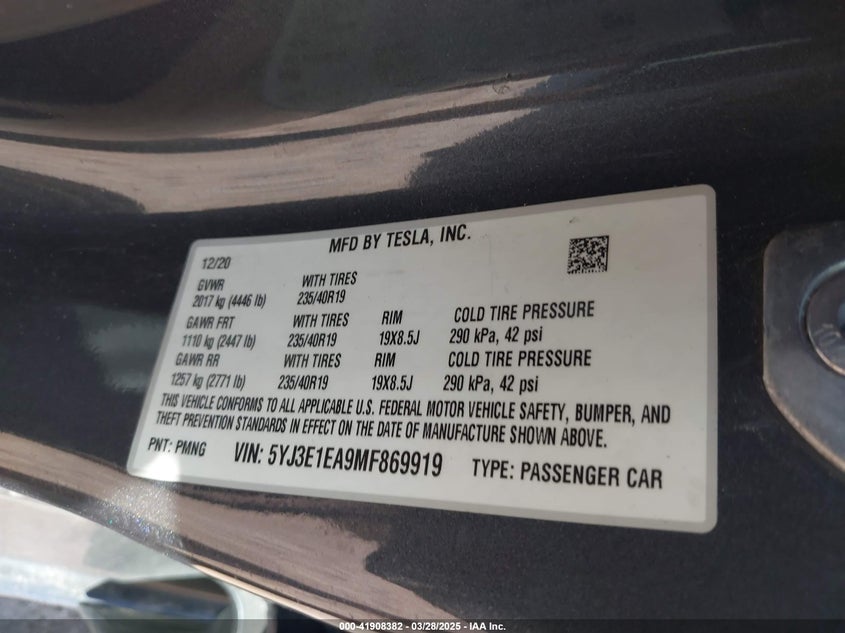 2021 TESLA MODEL 3 VIN: 5YJ3E1EA9MF869919