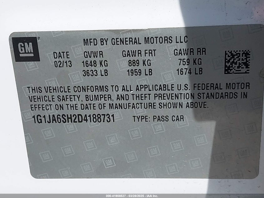 2013 CHEVROLET SONIC VIN: 1G1JA6SH2D4188731