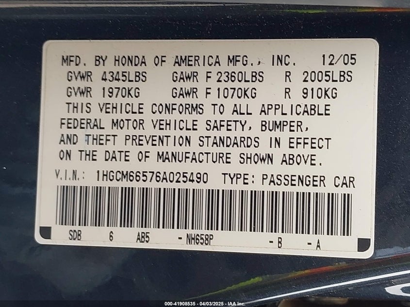 2006 HONDA ACCORD VIN: 1HGCM66576A025490