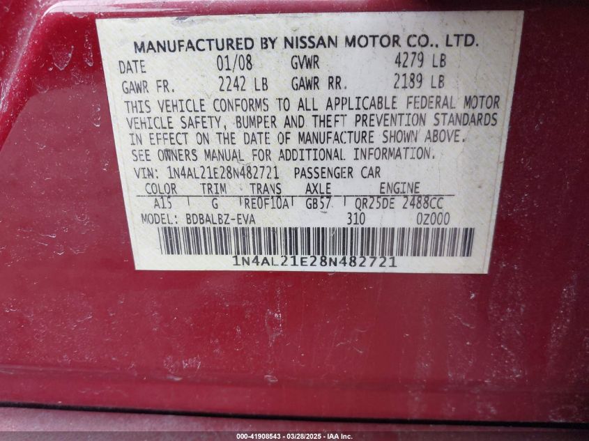 2008 Nissan Altima 2.5 S VIN: 1N4AL21E28N482721 Lot: 41908543