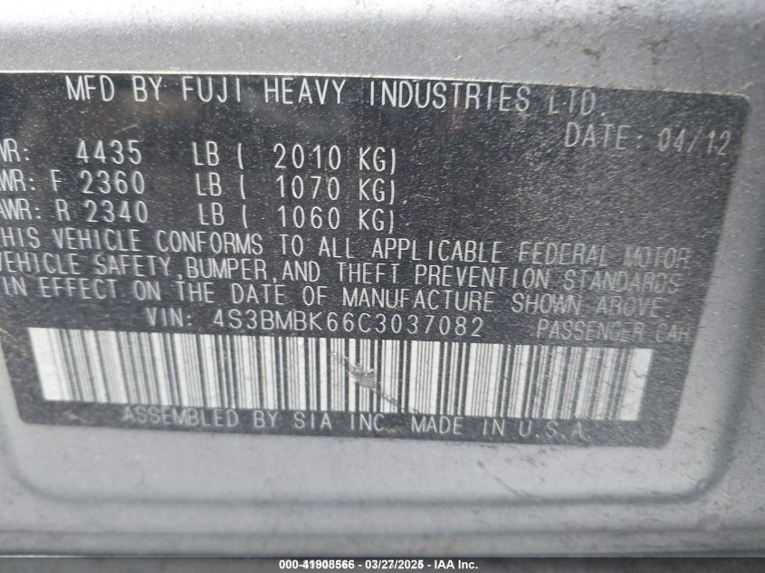 2012 Subaru Legacy 2.5I Limited VIN: 4S3BMBK66C3037082 Lot: 41908566