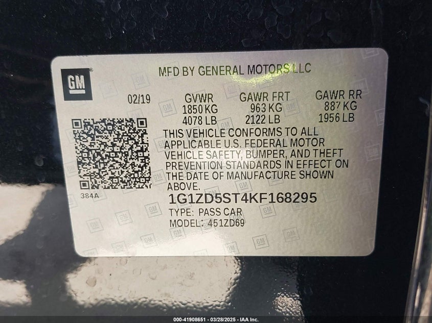 2019 CHEVROLET MALIBU VIN: 1G1ZD5ST4KF168295