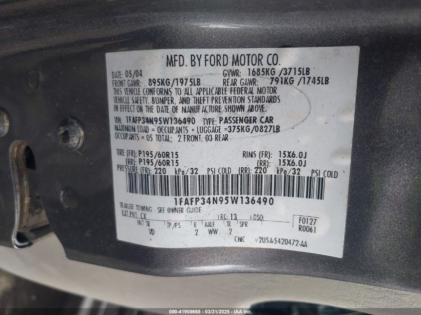 2005 Ford Focus Zx4 VIN: 1FAFP34N95W136490 Lot: 41908668