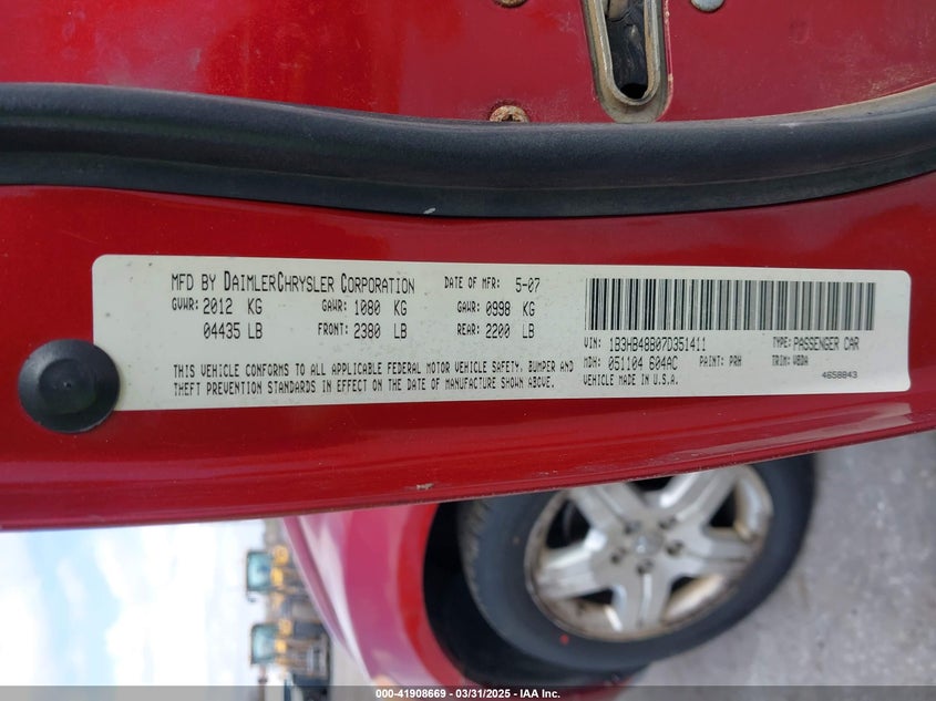 2007 DODGE CALIBER VIN: 1B3HB48B07D351411