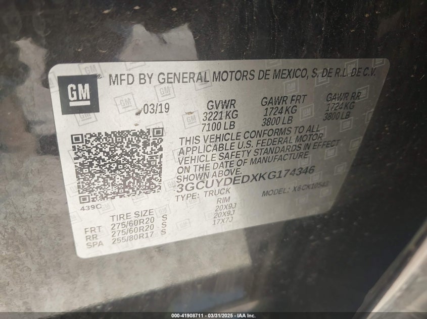 2019 CHEVROLET SILVERADO 1500 VIN: 3GCUYDEDXKG174346