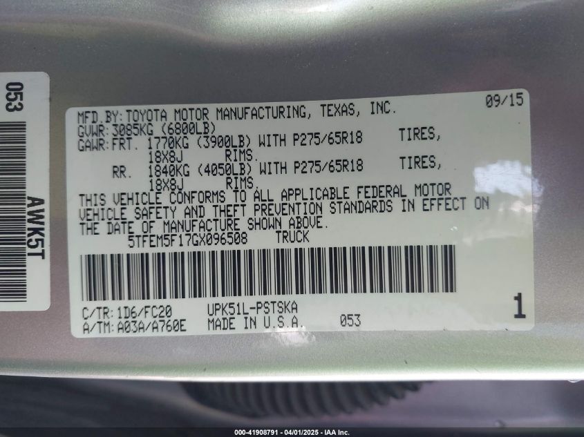 2016 Toyota Tundra Sr5 4.6L V8 VIN: 5TFEM5F17GX096508 Lot: 41908791