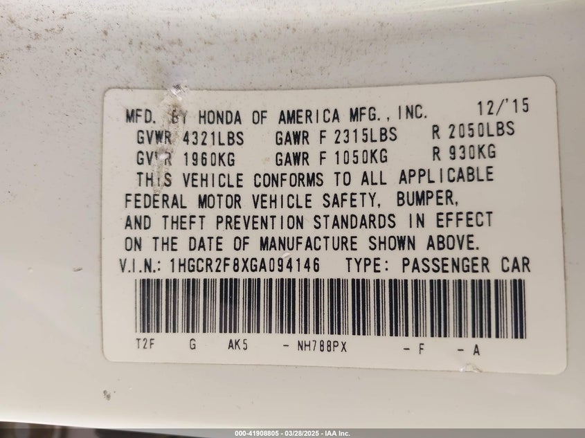 2016 HONDA ACCORD VIN: 1HGCR2F8XGA094146