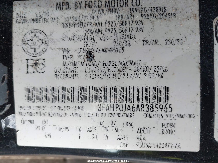 2010 FORD FUSION VIN: 3FAHP0JA6AR385965