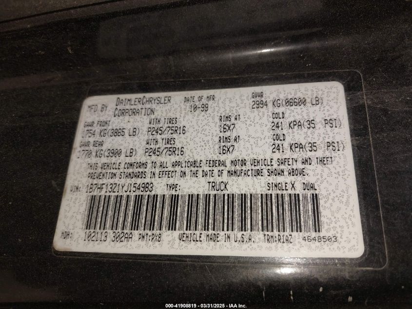 2000 Dodge Ram 1500 St VIN: 1B7HF13Z1YJ154983 Lot: 41908819