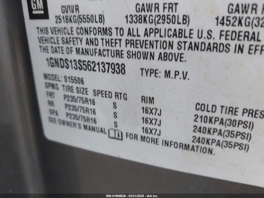 2006 Chevrolet Trailblazer Ls VIN: 1GNDS13S562137938 Lot: 41908826