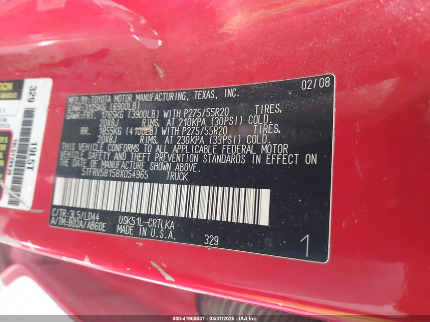 2008 TOYOTA TUNDRA VIN: 5TFRV58158X054965