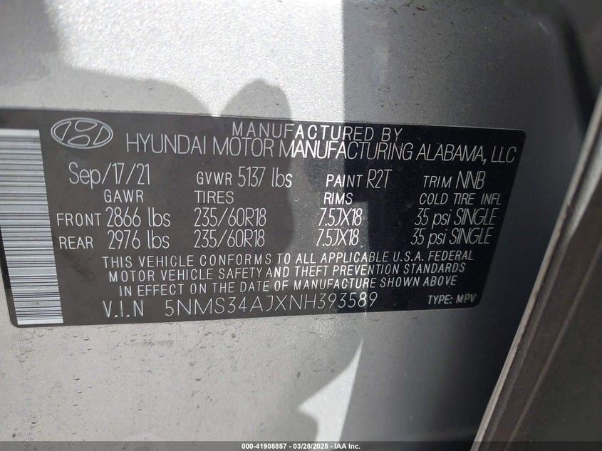 VIN 5NMS34AJXNH393589 2022 HYUNDAI SANTA FE SEL
