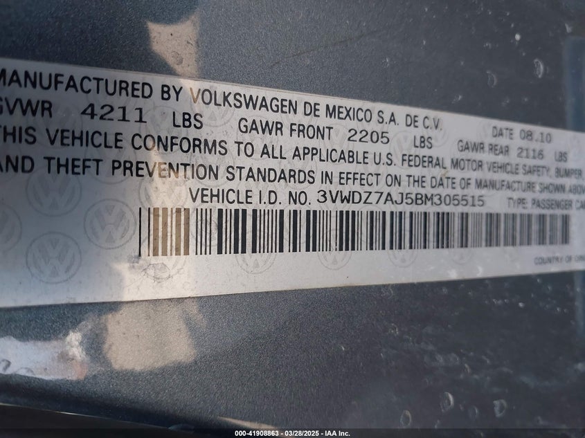 2011 VOLKSWAGEN JETTA VIN: 3VWDZ7AJ5BM305515
