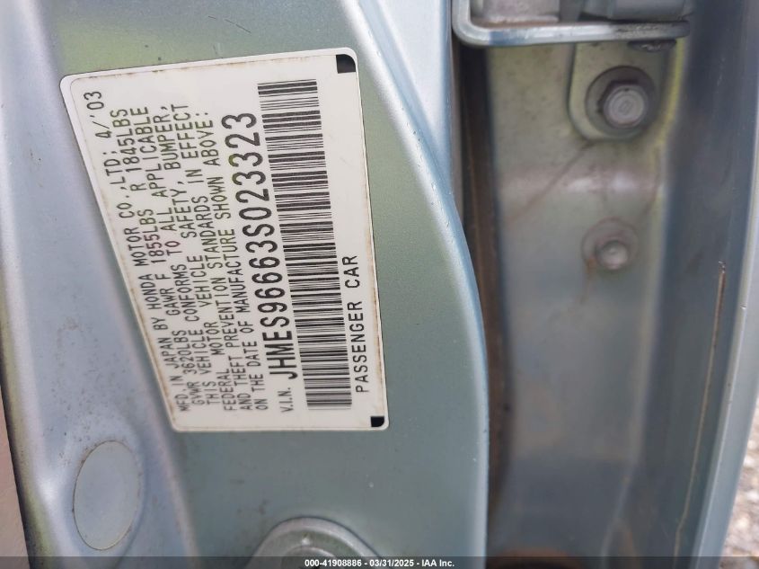 2003 Honda Civic Hybrid VIN: JHMES96663S023323 Lot: 41908886
