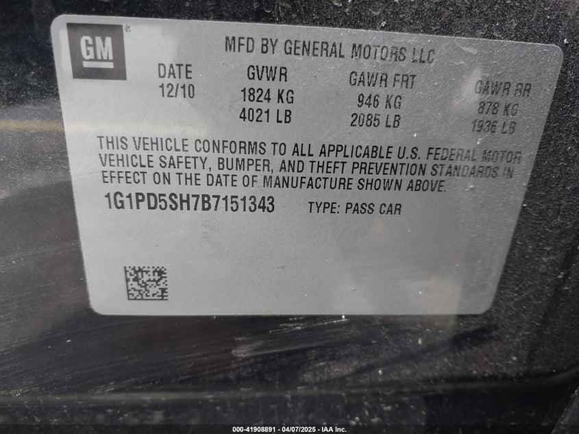 2011 CHEVROLET CRUZE VIN: 1G1PD5SH7B7151343
