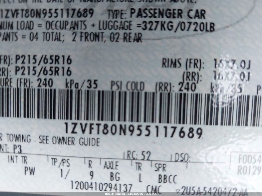 2005 Ford Mustang V6 Deluxe/V6 Premium VIN: 1ZVFT80N955117689 Lot: 41908903