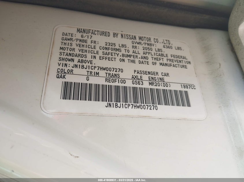 2017 NISSAN ROGUE SPORT VIN: JN1BJ1CP7HW007270