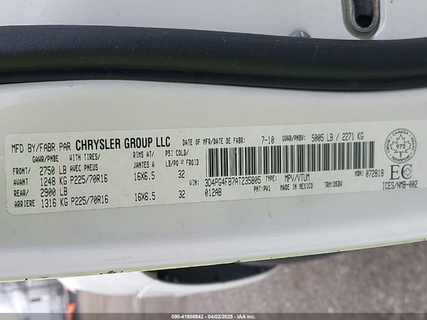2010 Dodge Journey Se VIN: 3D4PG4FB7AT235805 Lot: 41908942