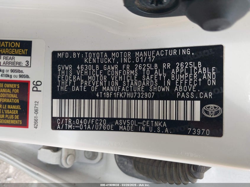 2017 TOYOTA CAMRY VIN: 4T1BF1FK7HU732907