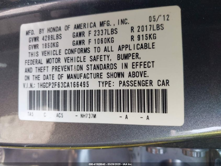 2012 Honda Accord 2.4 Se VIN: 1HGCP2F63CA166495 Lot: 41909040