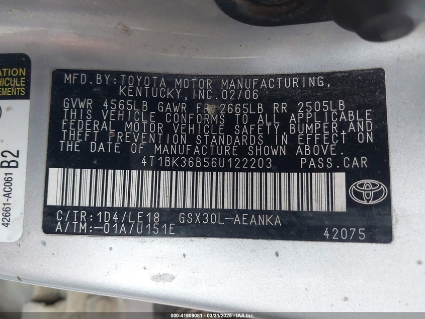 2006 TOYOTA AVALON VIN: 4T1BK36B56U122203