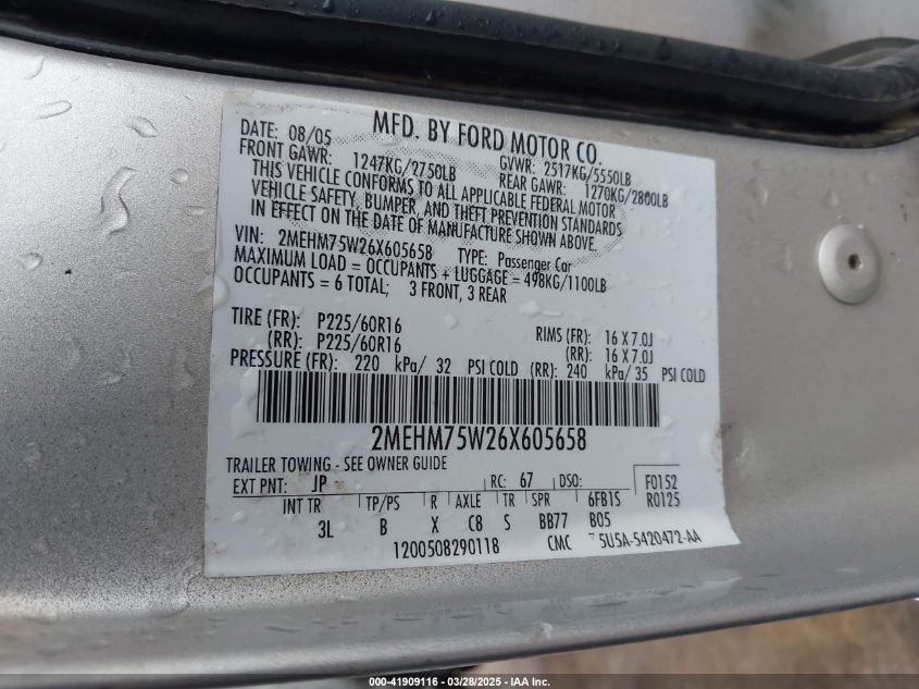 2006 Mercury Grand Marquis Ls VIN: 2NEHM75W26X605658 Lot: 41909116