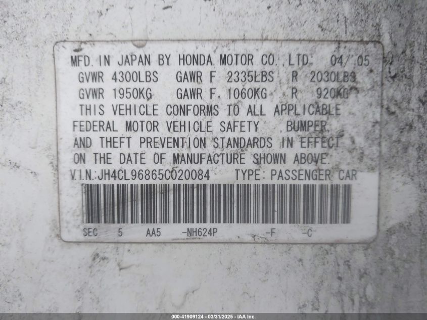 2005 Acura Tsx VIN: JH4CL96865C02O084 Lot: 41909124