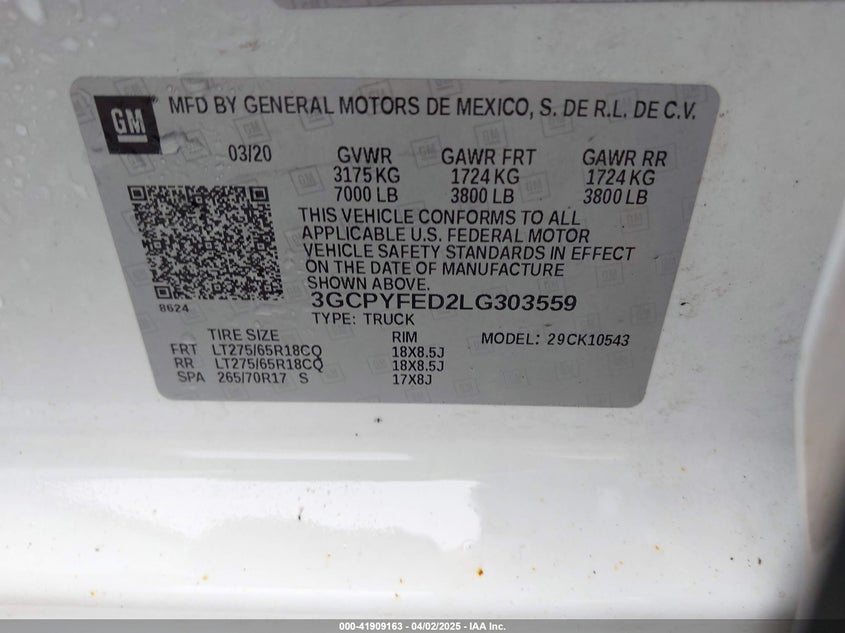 2020 CHEVROLET SILVERADO VIN: 3GCPYFED2LG303559