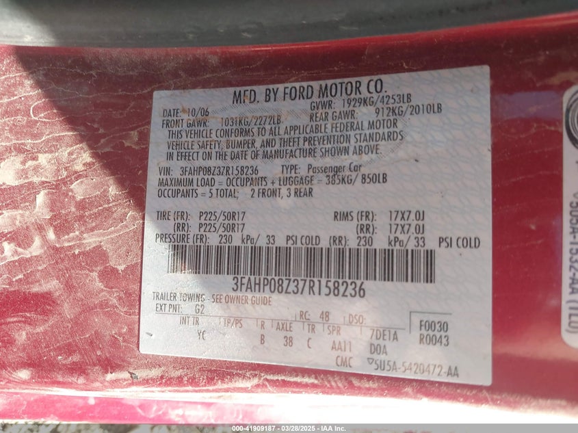 2007 FORD FUSION VIN: 3FAHP08Z37R158236