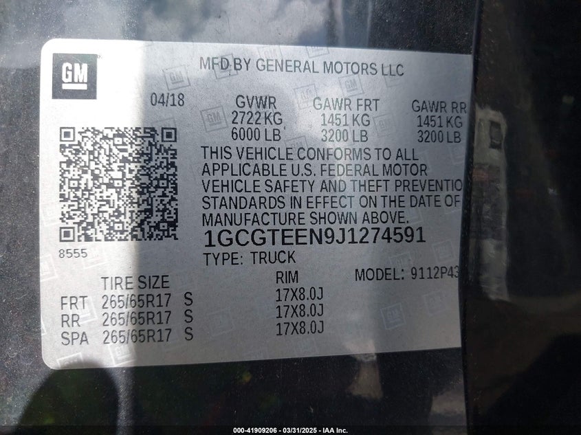 VIN 1GCGTEEN9J1274591 2018 CHEVROLET COLORADO ZR2