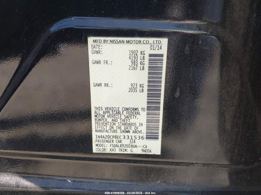 2014 NISSAN LEAF VIN: 1N4AZ0CP8EC331536