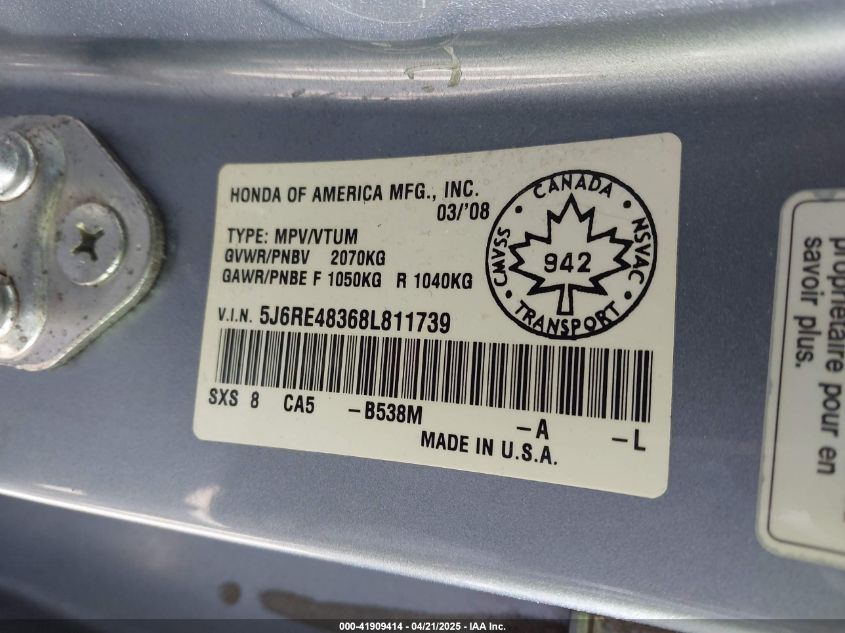 2008 Honda Cr-V Lx VIN: 5J6RE48368L811739 Lot: 41909414