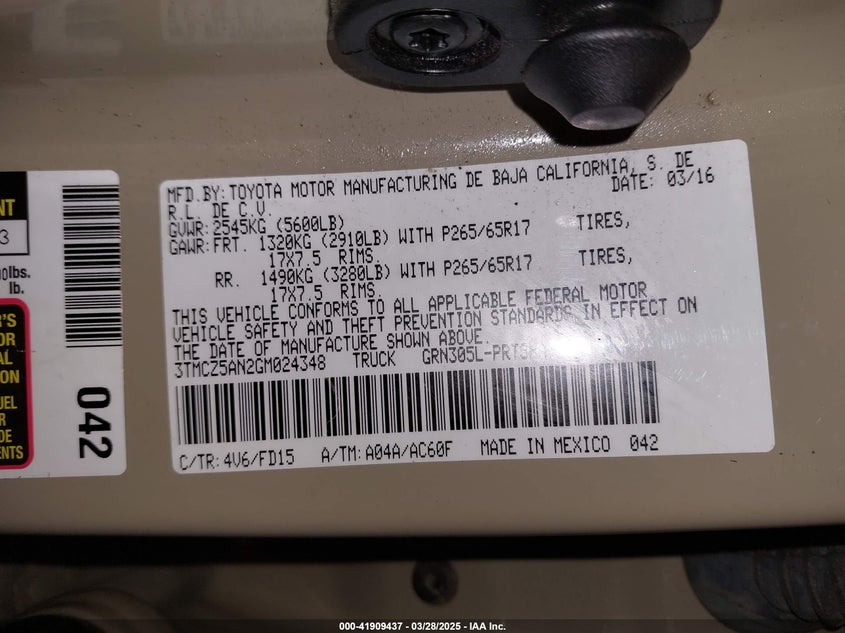 2016 TOYOTA TACOMA VIN: 3TMCZ5AN2GM024348