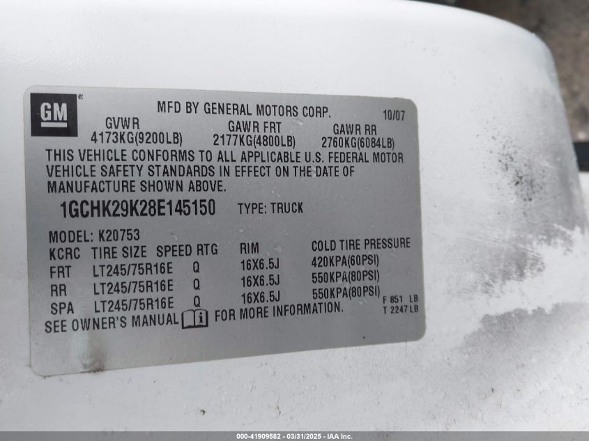2008 Chevrolet Silverado 2500Hd Lt1 VIN: 1GCHK29K28E145150 Lot: 41909582