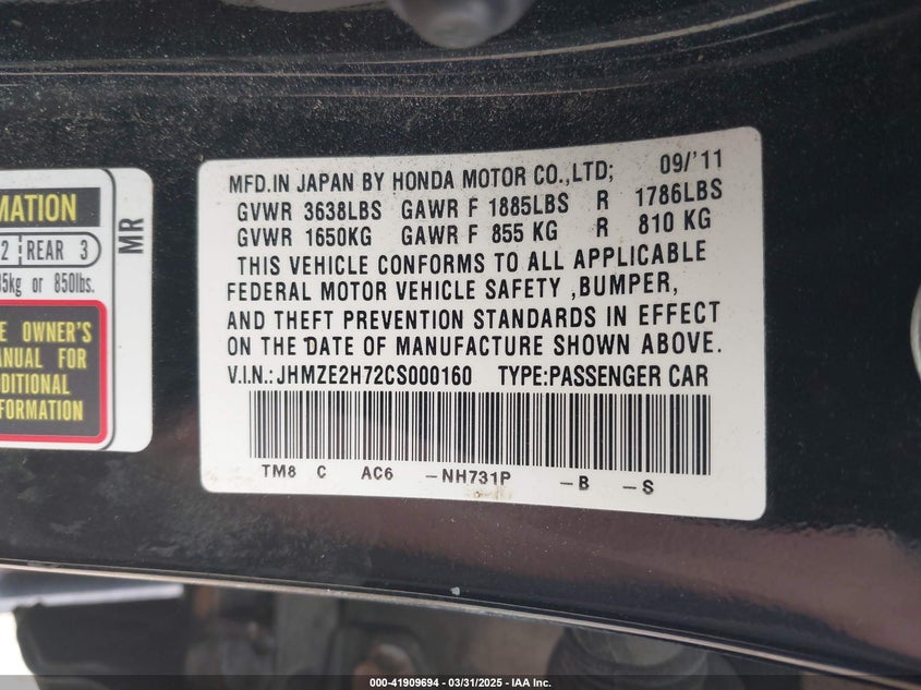 2012 HONDA INSIGHT VIN: JHMZE2H72CS000160