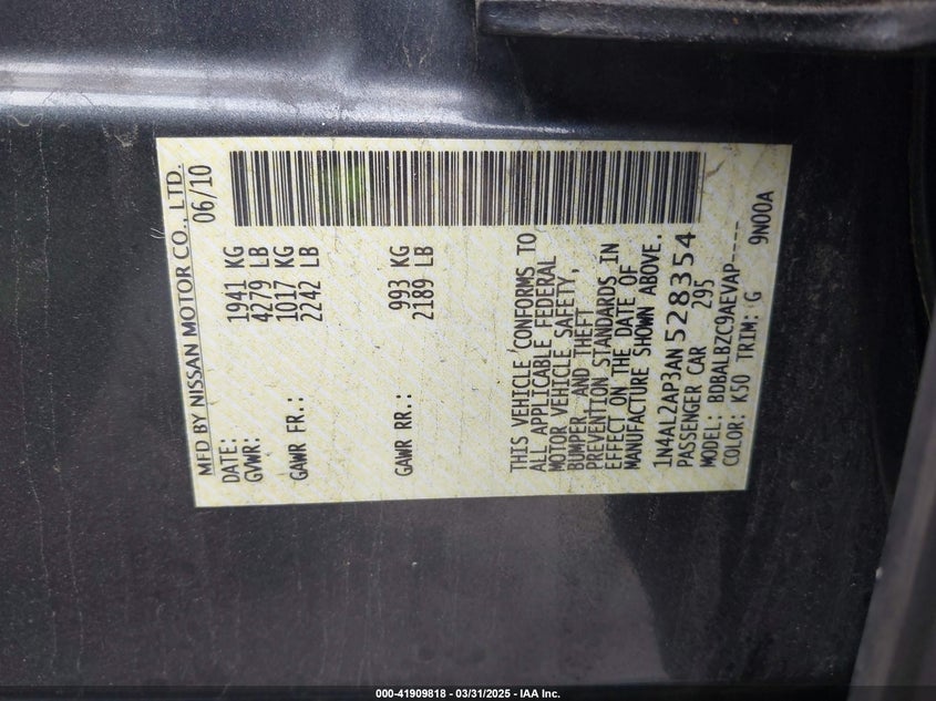 2010 NISSAN ALTIMA VIN: 1N4AL2AP3AN528354