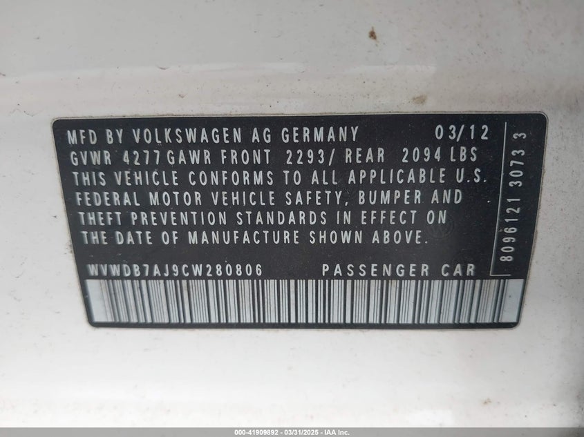 2012 VOLKSWAGEN GOLF VIN: WVWDB7AJ9CW280806