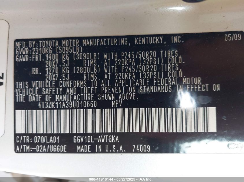2009 Toyota Venza Base V6 VIN: 4T3ZK11A39U010660 Lot: 41910144