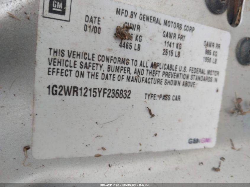 2000 Pontiac Grand Prix Gtp VIN: 1G2WR1215YF236832 Lot: 41910163