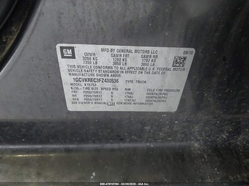 2015 CHEVROLET SILVERADO 1500 VIN: 1GCVKREC3FZ430536