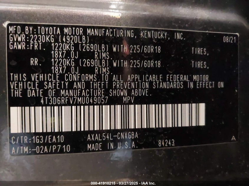 2021 TOYOTA RAV4 HYBRID 2.5L I-4 DI, DOHC, V(VIN: 4T3D6RFV7MU049057
