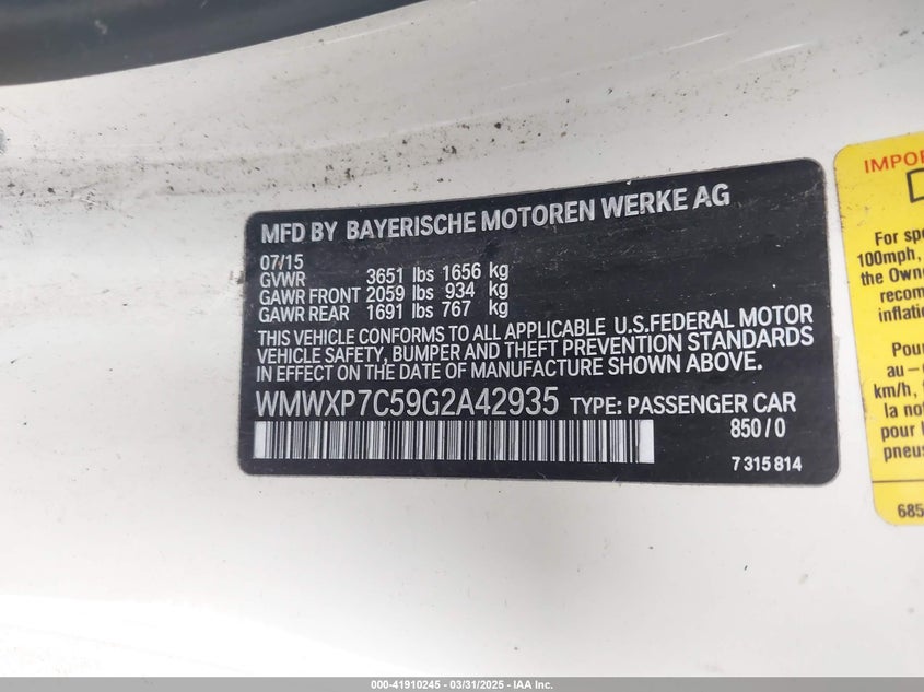 2016 MINI HARDTOP VIN: WMWXP7C59G2A42935