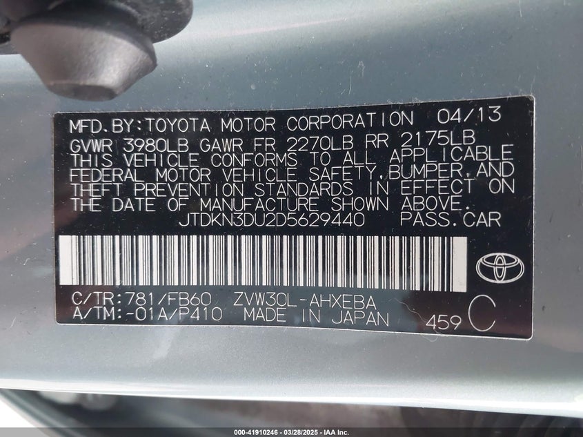 2013 TOYOTA PRIUS VIN: JTDKN3DU2D5629440