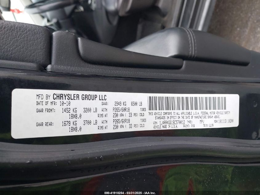 2011 Jeep Grand Cherokee Laredo VIN: 1J4RR4GG1BC570012 Lot: 41910254