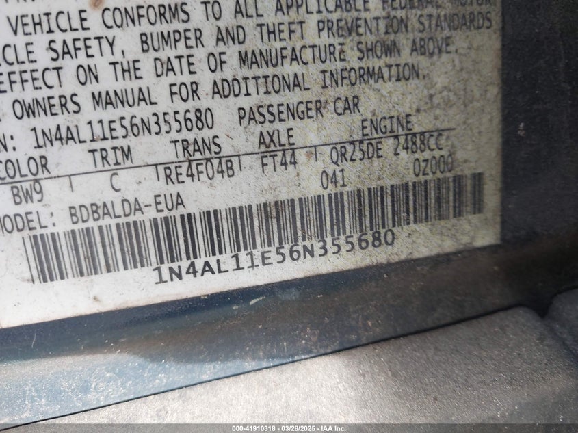 2006 NISSAN ALTIMA VIN: 1N4AL11E56N355680