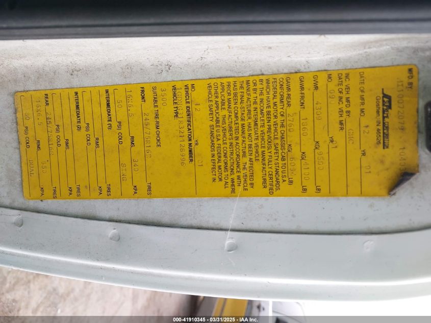 2002 GMC Savana Cutaway Standard VIN: 1GDHG31R321128996 Lot: 41910345