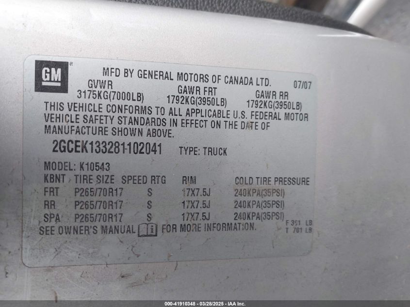 2008 Chevrolet Silverado 1500 Lt1 VIN: 2GCEK133281102041 Lot: 41910348