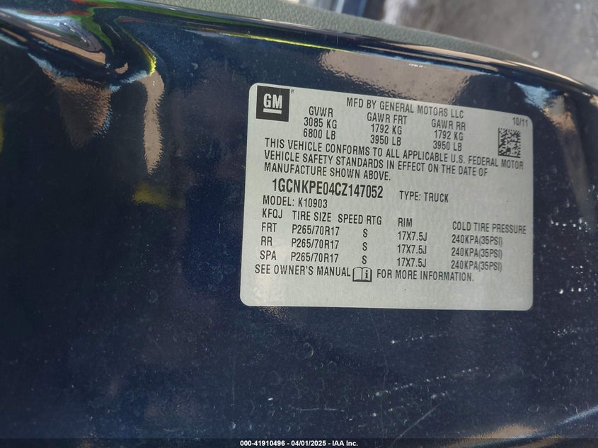 2012 CHEVROLET SILVERADO 1500 VIN: 1GCNKPE04CZ147052